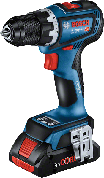 ProCORE 배터리가 장착된 Bosch GSR 18V-90 C 무선 드릴.