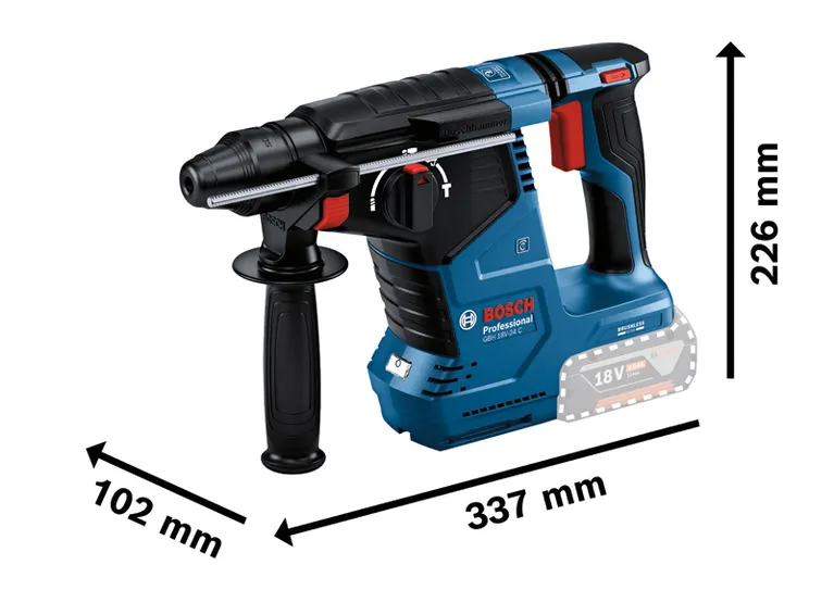 치수가 표시된 Bosch GBH 18V-24 C 무선 회전 해머.