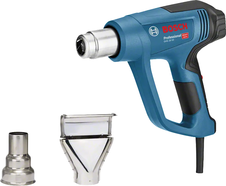2개의 노즐 부착물이 있는 Bosch GHG 16-50 열풍총.