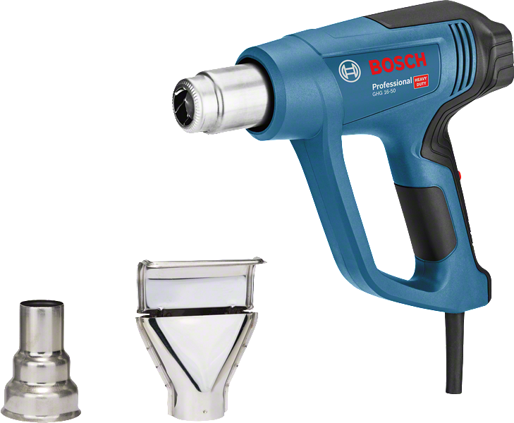 2개의 노즐 부착물이 있는 Bosch GHG 16-50 열풍총.