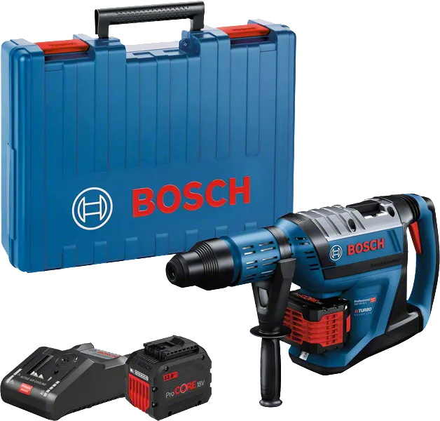 케이스와 배터리가 포함된 Bosch GBH 18V-45 C 로터리 해머.
