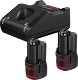 2.0Ah 배터리 2개가 장착된 Bosch 12V 배터리 충전기.
