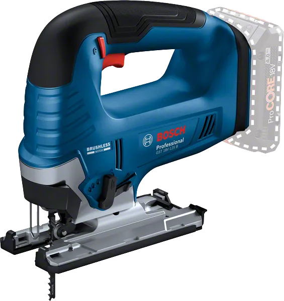 브러시리스 모터가 장착된 Bosch GST 18V-125 B 무선 톱.