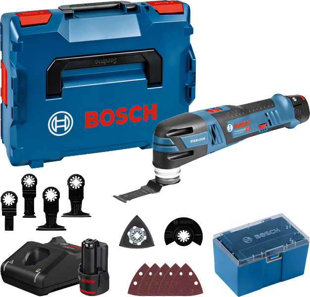 Bosch GOP 10.8V-28 무선 멀티툴 세트(액세서리 포함).