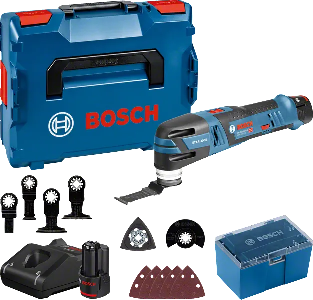 Bosch GOP 10.8V-28 무선 멀티툴 세트(액세서리 포함).