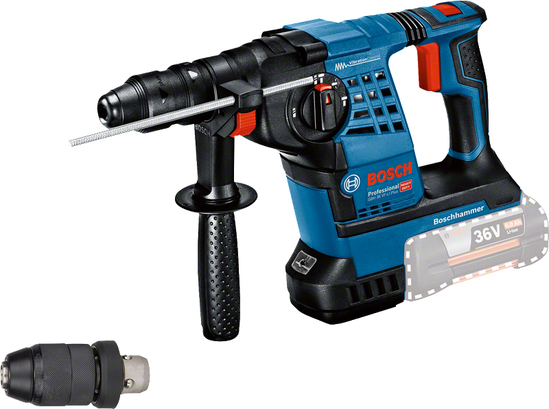 36V 배터리가 장착된 Bosch GBH 36 V-LI Plus 로터리 해머.