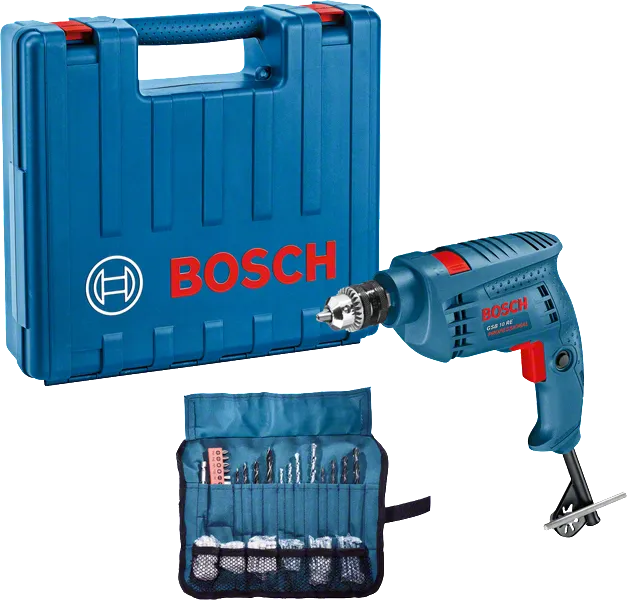 케이스와 액세서리가 포함된 Bosch GSB 10 RE 드릴 세트.