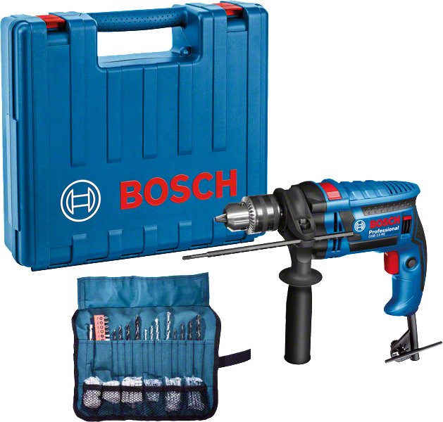 Bosch GSB 13 RE 임팩트 드릴, 운반 케이스 및 드릴 비트 세트 포함.