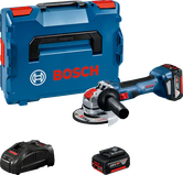 케이스와 배터리가 포함된 Bosch GWX 18V-7 각도 그라인더 세트.