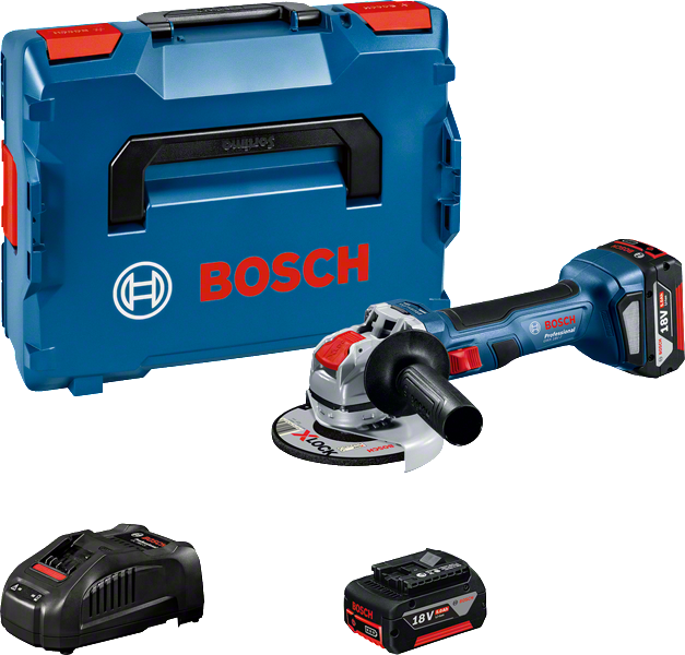 케이스와 배터리가 포함된 Bosch GWX 18V-7 각도 그라인더 세트.