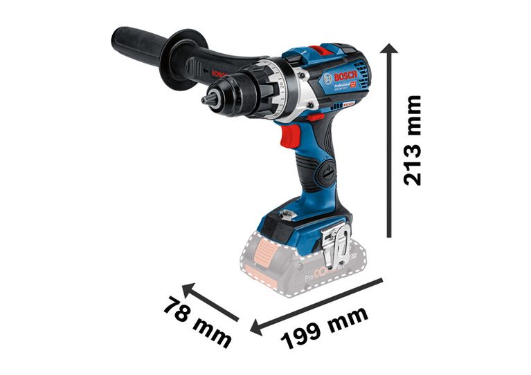 Bosch GSR 18V-110 C 무선 드릴의 크기 치수입니다.
