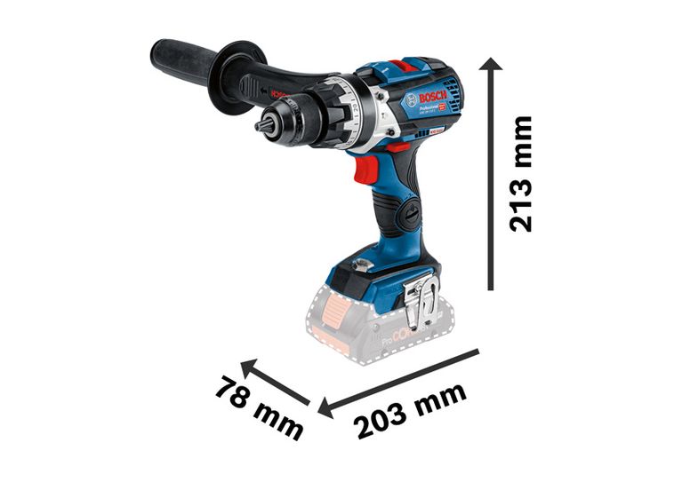 Bosch GSB 18V-110 C 무선 드릴의 치수가 나와 있습니다.