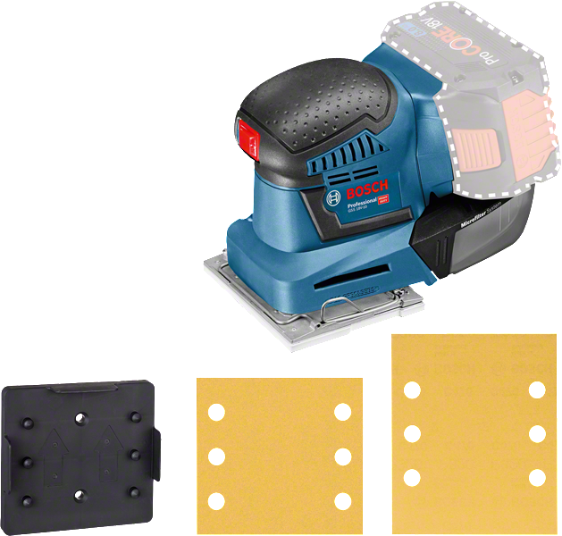 샌딩 시트가 포함된 Bosch GSS 18V-10 무선 오비탈 샌더.