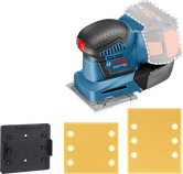 샌딩 시트가 포함된 Bosch GSS 18V-10 무선 오비탈 샌더.