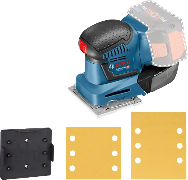 샌딩 시트가 포함된 Bosch GSS 18V-10 무선 오비탈 샌더.