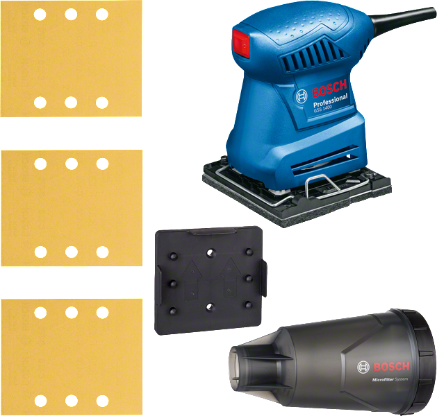 먼지통이 장착된 Bosch GSS 1400 전기 시트 샌더.