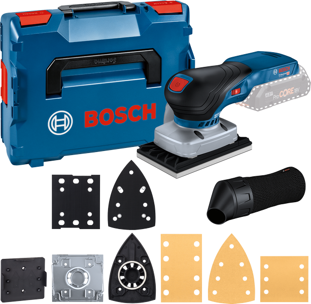 Bosch GSS 18V-13 무선 오비탈 샌더 키트.