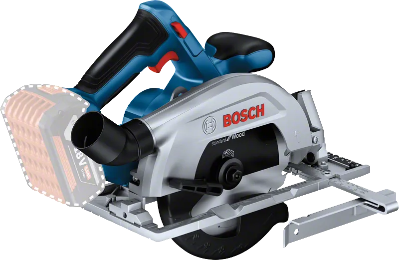 측면 가이드가 장착된 Bosch GKS 185-LI 무선 원형 톱.