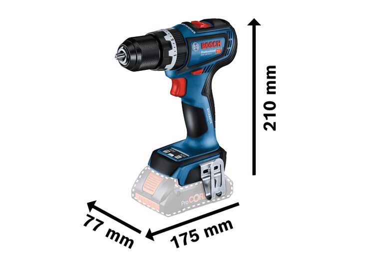 Bosch GSB 18V-90 C 무선 콤비 드릴, 크기 치수 포함.