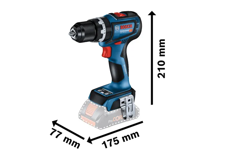 Bosch GSB 18V-90 C 무선 콤비 드릴, 크기 치수 포함.