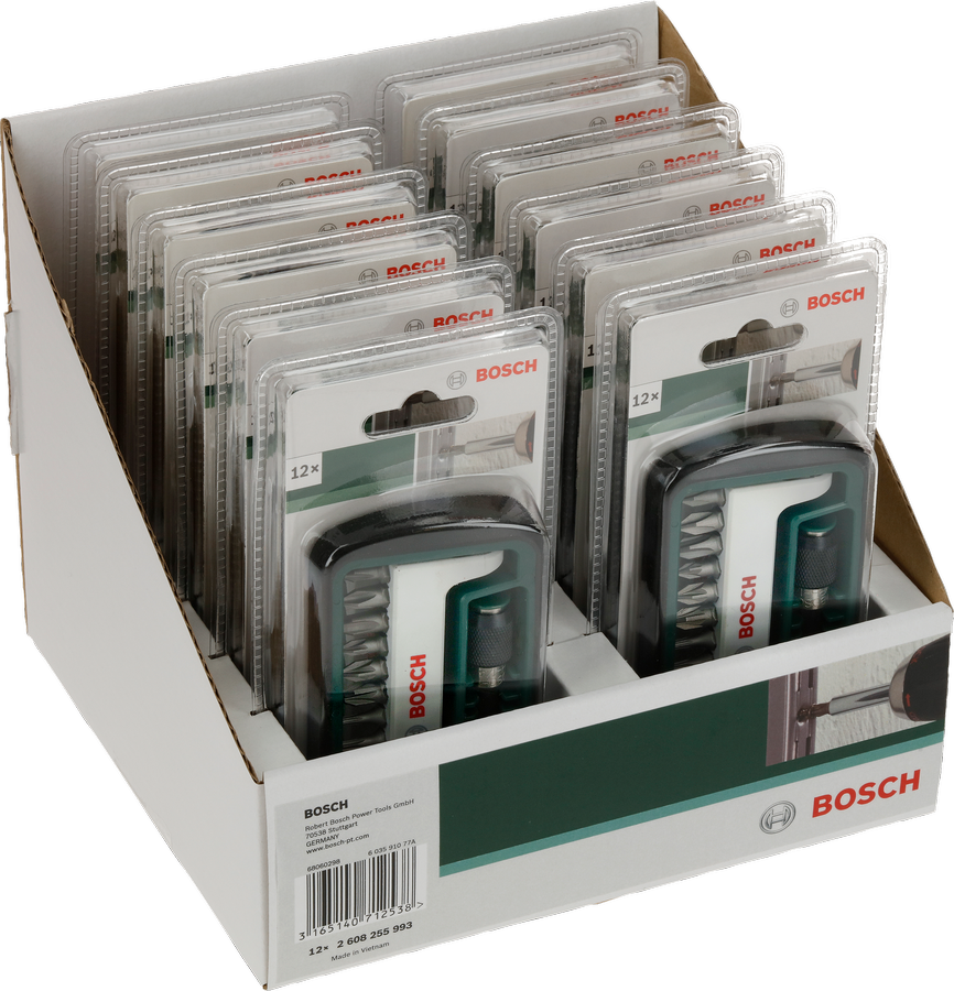 소매점 진열대에 있는 Bosch 12피스 드라이버 비트 세트.