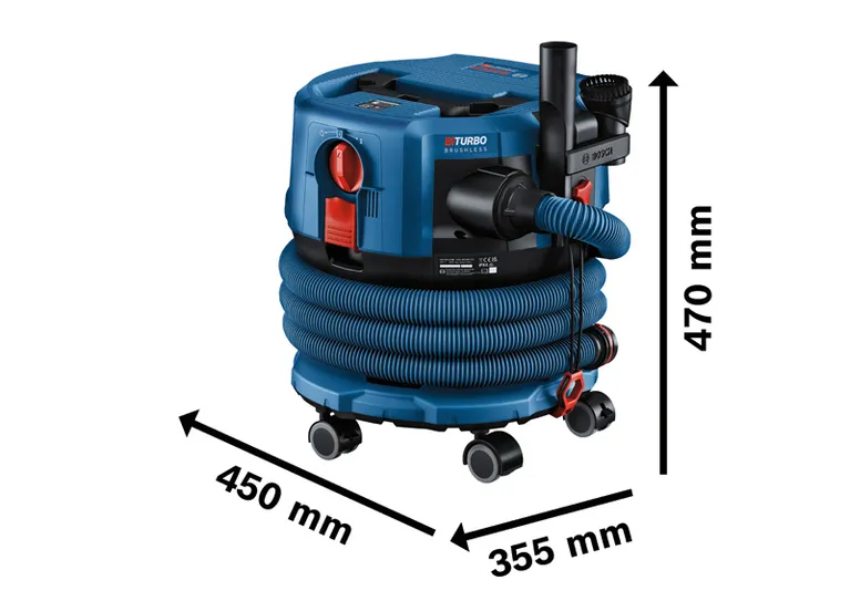 호스가 달린 Bosch GAS 18V-12 MC 무선 집진기.