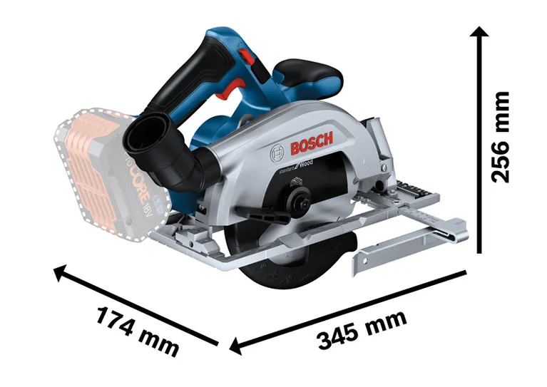 치수가 표시된 Bosch GKS 18V-57-2 무선 원형 톱.