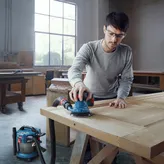 안전장비를 착용한 사람이 궤도 샌더를 이용해 나무 문을 샌딩하고 있습니다.