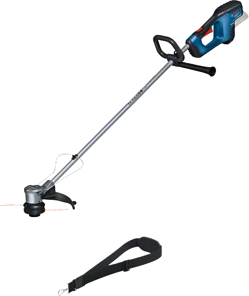스트랩이 달린 Bosch GRT 18V-33 무선 잔디 트리머.