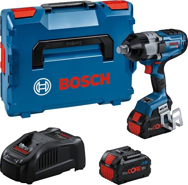 배터리와 충전기가 포함된 Bosch GDS 18V-1600 임팩트 렌치 세트.
