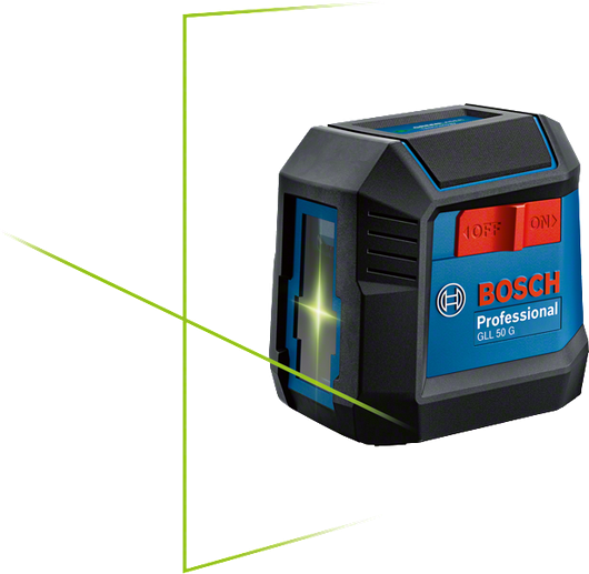 녹색 선이 있는 Bosch GLL 50 G 레이저 레벨링 도구.