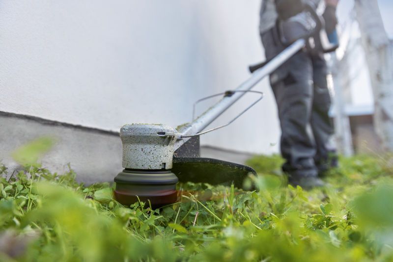 안전 장비를 착용한 사람이 무선 잔디 트리머를 사용하여 벽을 따라 잔디를 다듬고 있습니다.