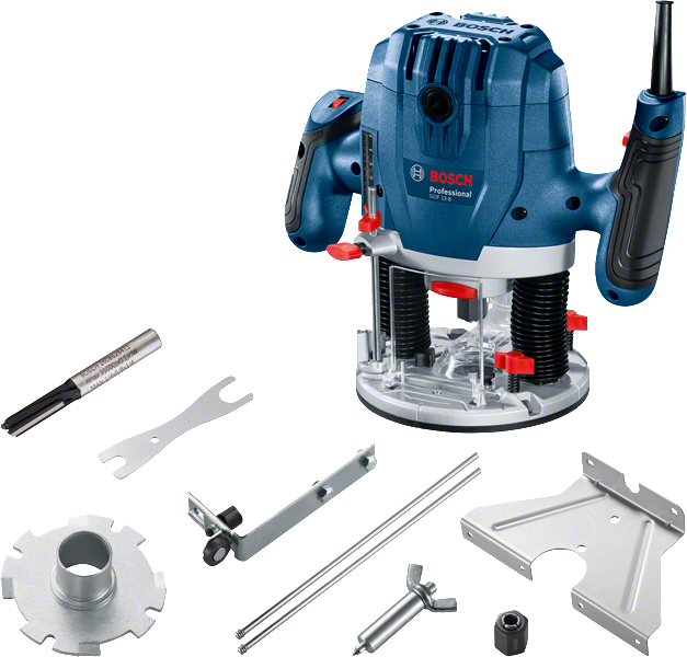Bosch GOF 13-8 플런지 라우터와 액세서리.