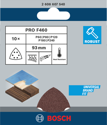 PRO F460 샌딩 시트, 93 x 93mm, G60, G80, G120, G180, G240, 10개 Bosch PRO F460 샌딩 시트 93mm 10개.