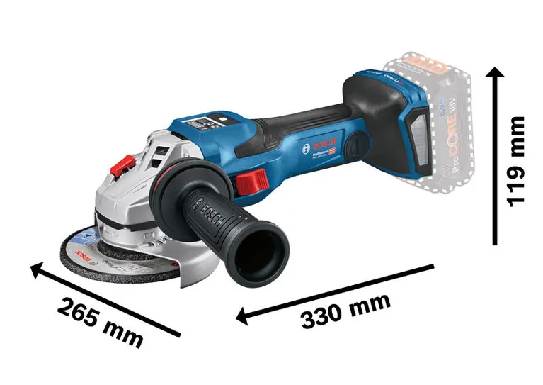 Bosch GWS 18V-15 SC 무선 각도 그라인더 치수.