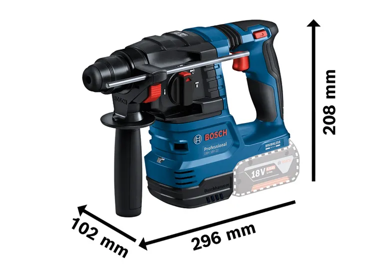 GBH 18V-22 치수가 표시된 Bosch GBH 18V-22 로터리 해머 드릴.