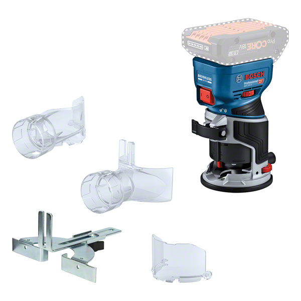 Bosch GKF 18V-8 무선 라우터와 액세서리.