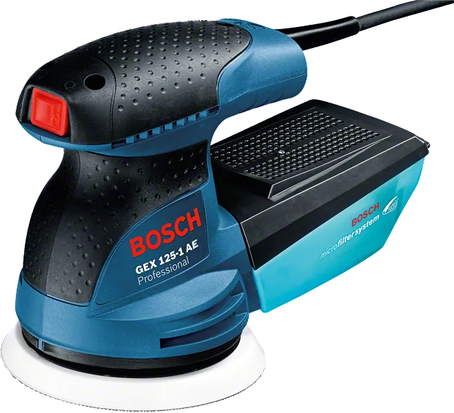 마이크로필터가 장착된 Bosch GEX 125-1 AE 랜덤 오빗 샌더.