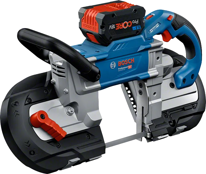 인체공학적 손잡이가 달린 Bosch GCB 18V-127 무선 밴드톱.