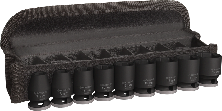 PRO Impact 소켓 세트, 3/8", 일반, 9개 Bosch PRO 임팩트 소켓 세트 3/8인치 9개입 (케이스 포함).