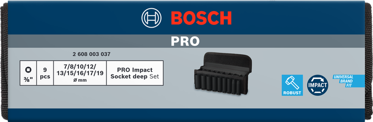 PRO Impact 소켓 세트, 3/8", 롱, 9개 Bosch PRO 임팩트 소켓 세트 3/8인치 깊이 9개.