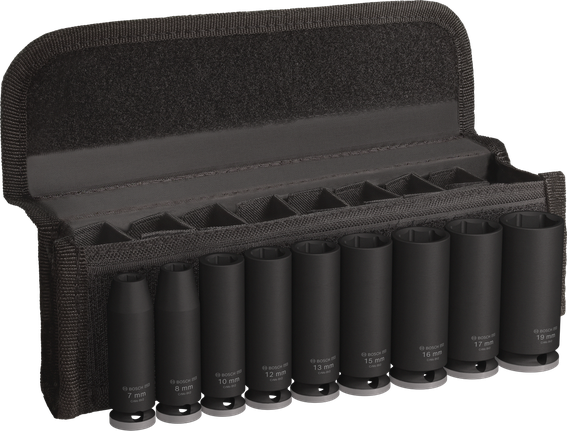 PRO Impact 소켓 세트, 3/8", 롱, 9개 Bosch PRO 임팩트 소켓 세트 3/8인치 깊이 9개.