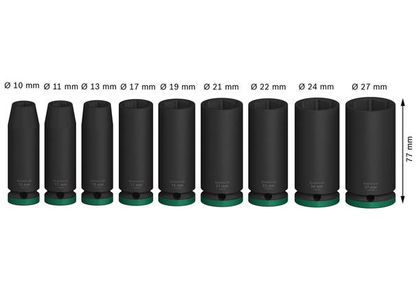 PRO Impact Socket Set, 1/2", 롱, 9종 Bosch PRO 임팩트 소켓 세트 1/2인치 깊이 9개.