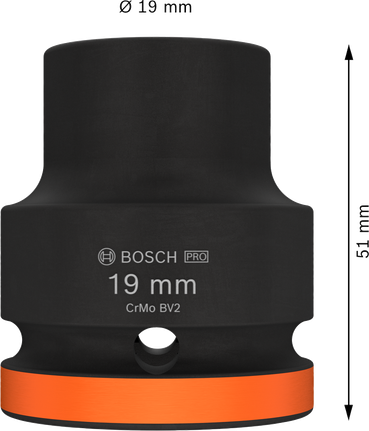 PRO Impact Socket, 3/4", 19mm, 스탠다드 오렌지색 링이 달린 Bosch PRO 임팩트 소켓 3/4" 19 mm.