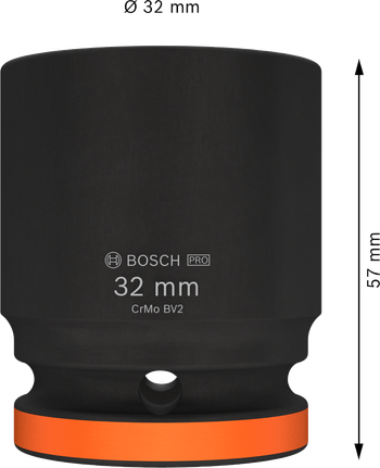 PRO Impact Socket, 3/4", 32mm, 스탠다드 Bosch PRO 임팩트 소켓 3/4" 32 mm, 견고한 고정에 적합.