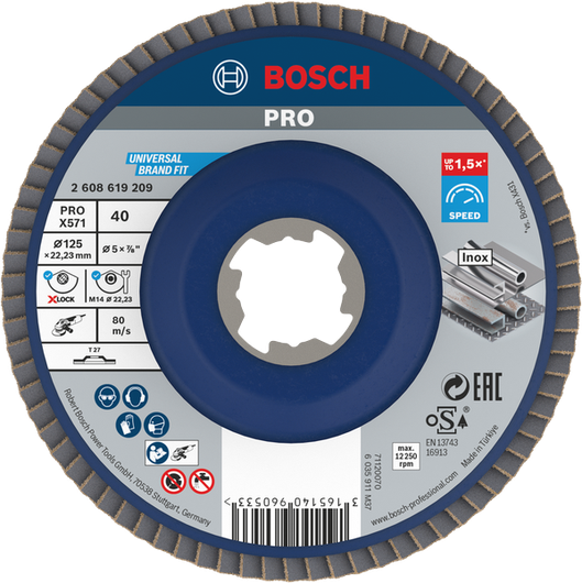 PRO X571 플랩 디스크, 직선 Bosch PRO X571 플랩 디스크 125 mm G40 X-Lock Inox용.