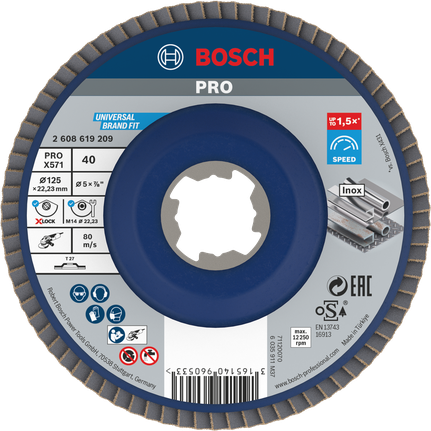 PRO X571 플랩 디스크, 직선, 125mm, G40, X-Lock Bosch PRO X571 플랩 디스크 125 mm G40 X-Lock Inox용.