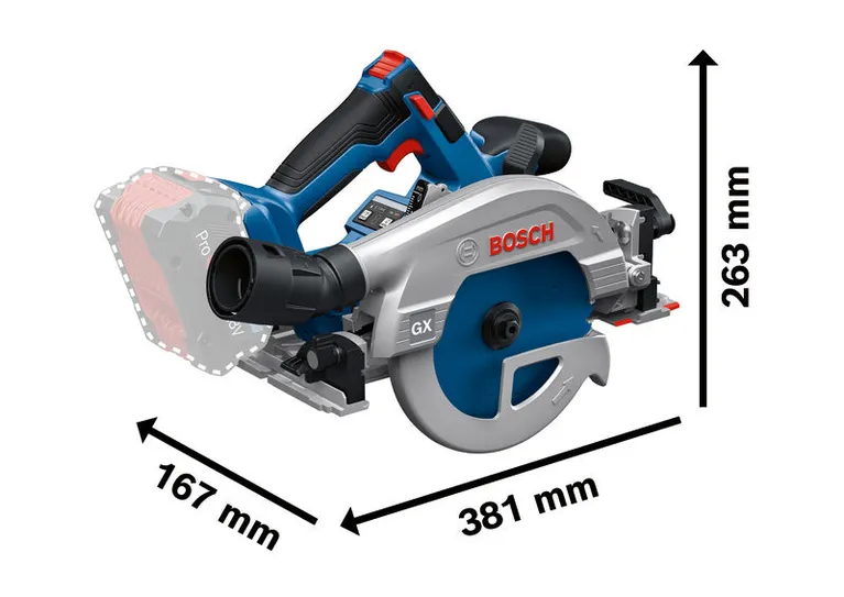 치수가 표시된 Bosch GKS 18V-57-2 GX 무선 원형 톱.