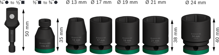 어댑터가 포함된 Bosch PRO 임팩트 소켓 세트, 7개.
