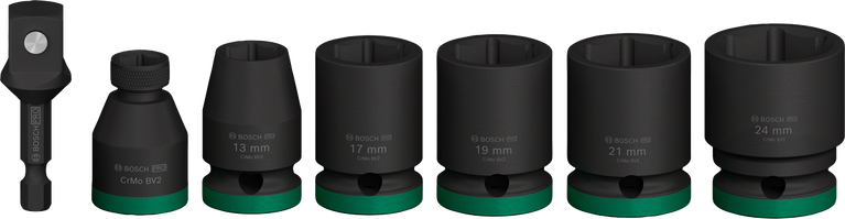 Bosch PRO 임팩트 소켓 세트(어댑터 1/2인치 포함) 7개.